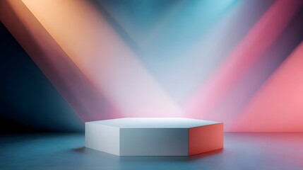 Wall Mural - podium set against an abstract geometric background with dynamic lighting
