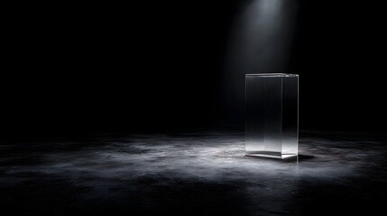Wall Mural - transparent acrylic podium on a black glossy floor illuminated by a spotlight