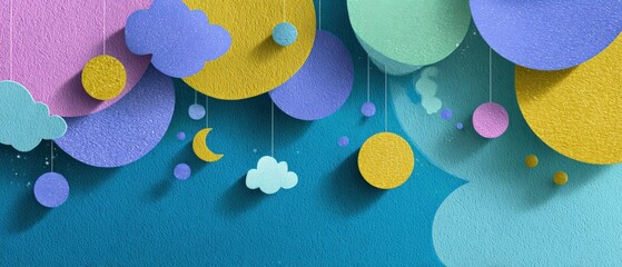 Wall Mural - Dreamy pastel background with moon, clouds, and circles in a whimsical, textured design Concept of night, sleep, and childrens decor