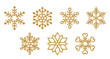 © kotoffei - 3d Gold Snowflakes Set. Bronze realistic Merry Christmas decoration isolated on white background. Golden Xmas icon. Vector illustration. Snow flake shape bauble, New Year winter symbol