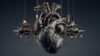 © mas - Steampunk heart Mechanical, dark, wired, ornate, hangs against a neutral gray background