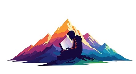 Remote work lifestyle digital nomad mountain view laptop silhouette freedom concept