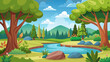 © laxmidesign - Vector art of a picturesque cartoon landscape showcasing a serene lake surrounded by lush greenery, trees, and majestic mountains under a clear sky, ideal for nature enthusiasts