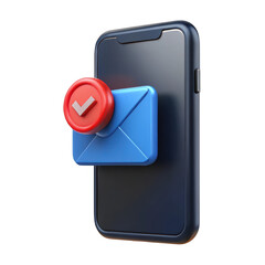 3d blue envelope notification on smartphone isolated on transparent background