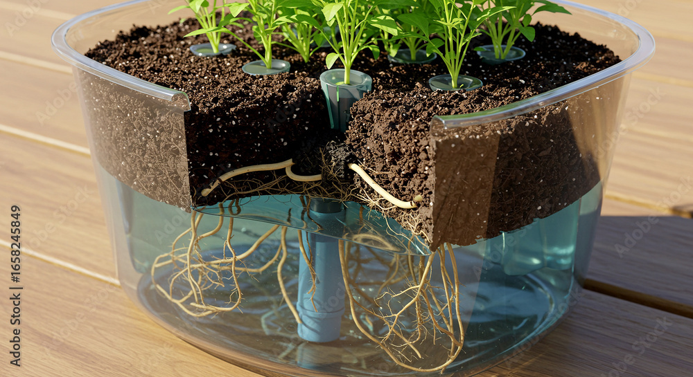 Transparent Container Showing Soil, Water, and Plant Roots in Passive ...