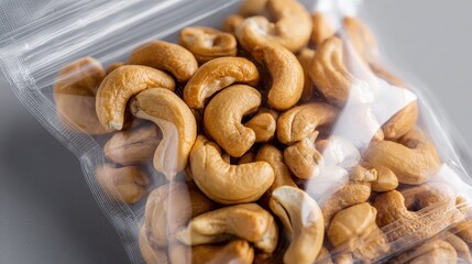 A 4K photo of cashews are packed inside a transparent resealable bag. Nut packaging display, healthy snack storage.