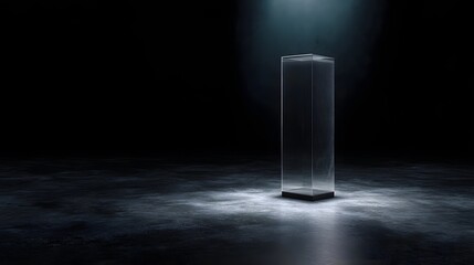 Wall Mural - Transparent acrylic podium on a black glossy floor illuminated by a sharp spotlight