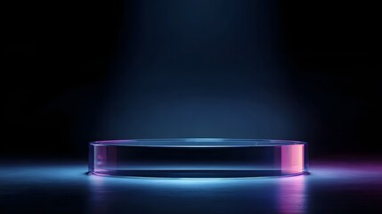 Wall Mural - Floating glass podium with glowing base in futuristic lighting