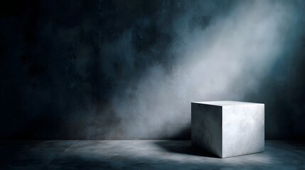 Wall Mural - minimalist cube platform against a grey wall with ambient lighting