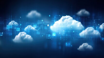 Abstract Background of Floating Cloud Icons Secured by Cybersecurity Technology with Digital Data Streams