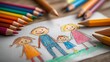 © Ilia - Colored pencil drawing of a child’s hands sketching a happy family. Childhood creativity, emotional expression, and the psychological assessment of children through family drawings.