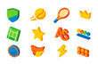 © LOBSTER LARRY - Colorful isometric sports and games icons with shield, tennis, and crown