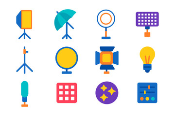 Colorful set of photography equipment icons with flat design elements