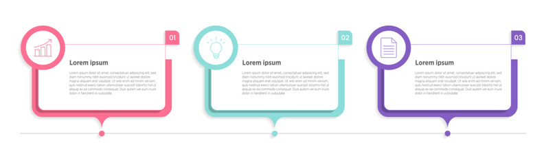 Wall Mural - Three presentation rectangular elements placed in horizontal row. Concept of 3 steps of business development process. Simple infographic design template. Modern linear vector illustration for report.