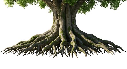 Majestic ancient tree with exposed root system isolated on white background