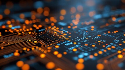 Abstract orange and blue technology background with glowing circuit board patterns and digital programming code for futuristic innovation, cybersecurity, data processing, and software development desi