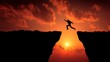 © liliyabatyrova - Daring leap across a chasm during a stunning sunset with vibrant clouds and silhouettes in the background