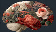 © john - Mental health retro background. Brain made of flowers color digital illustration