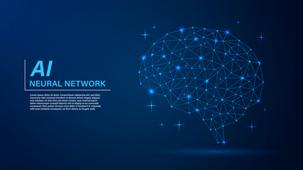 Artificial intelligence neural network brain background with glowing blue polygonal wireframe connections and futuristic digital technology design