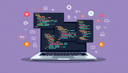 Laptop with coding screens and icons, representing software development and digital technology.
