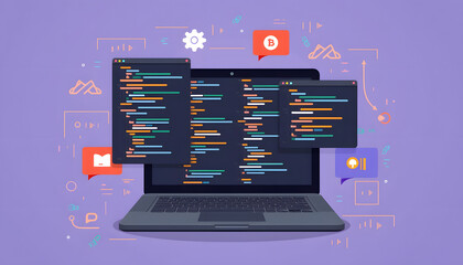 The illustration features a laptop displaying code, surrounded by icons, suggesting software development and tech.