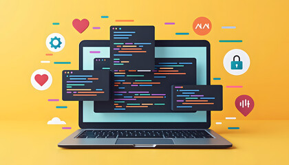 A modern 3d illustration of a laptop displaying lines of computer code with various icons.