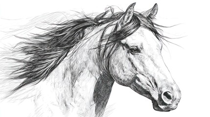 Naklejka na meble Graphite art Head and flowing mane of a white horse, profile on white