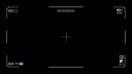 Recording camera screen overlay  with alpha channel,  interface with timer on a transparent background. 4K horizontal video