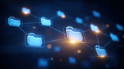 Abstract network grid with files and folders, futuristic software interface, digital document management system, store, search and organize documents, corporate business, paperless office	
