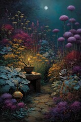 Wall Mural - Moody Atmospheric Oil Painting of an Alchemist’s Enchanted Garden