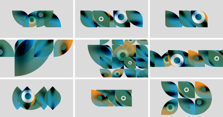Wall Mural - abstract geometric shapes, vibrant colors, gradients. nine panels display variations, overlapping fo