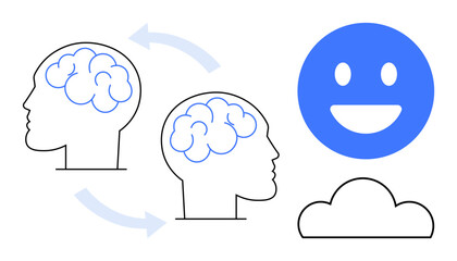 Two human heads with brains connected by arrows, symbolizing idea exchange, next to a smiling face and cloud representation. Ideal for teamwork, innovation, learning, creativity, collaboration