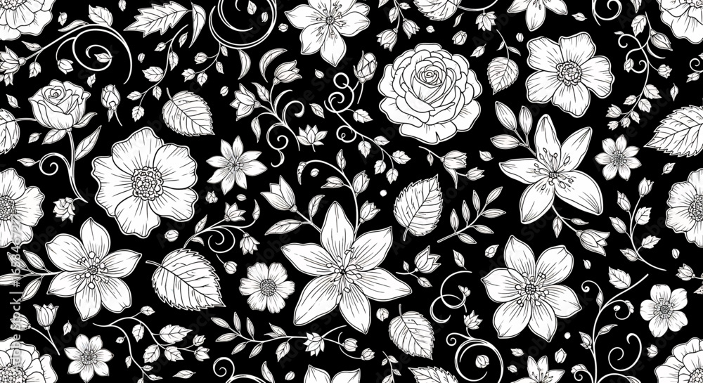Seamless black and white floral pattern with hand-drawn flowers, leaves ...