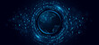 © sersupervector - Digital planet Earth with circular swirling glowing binary code on a dark blue background. Global network visualization symbolizing data transfer, programming and virtual communication. Vector.