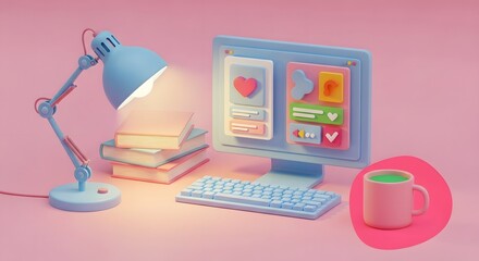 Computer setup with desk lamp and books on pink background