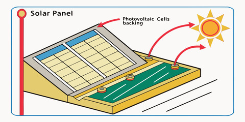 vector art of diagram of a solar panel with photovoltaic cells converting sunlight to energy