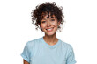 © The Stock Guy - Beautiful smiling woman with curly hair looking directly at the camera, wearing a casual light blue t-shirt, isolated on white background