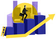 © ImageFlow - Businessman walking up bar chart with rising arrow, abstract graphic style, modern city background, concept of career growth and business success