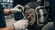 © mlangsen - Mechanic adjusting brake rotor with wrench, gloved hands, close-up detail