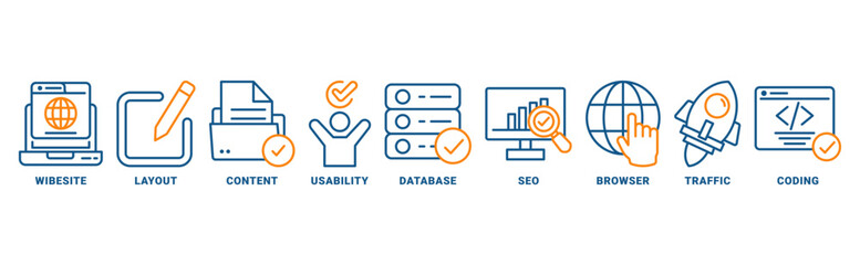 Web Design icon set vector concept with icon of wibesite, layout, content, usability, database, seo, browser, traffic, coding 