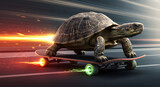 Speedy tortoise on a skateboard with blurring lights