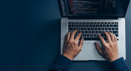Close-up of hands typing on a laptop keyboard with code displayed on screen for technology and programming concepts