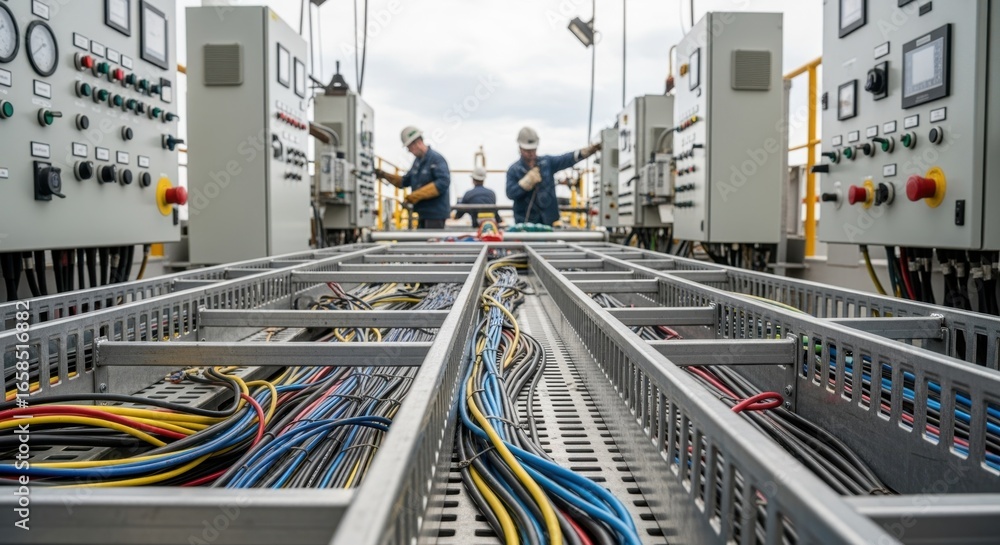 Detailed shot of electrical cable trays and control panels on the ...