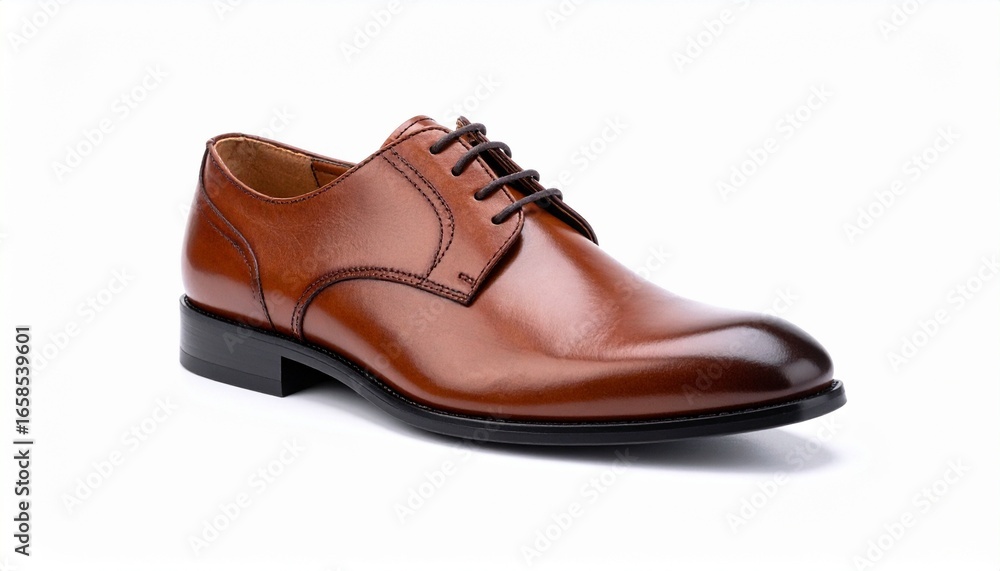 Polished brown leather cap toe dress shoe with lace-up closure and black sole.