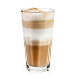 Layered latte macchiato in tall glass, coffee beverage with milk foam