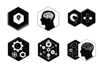 Collection of black and white conceptual icons representing science technology and intelligence in a hexagonal design layout on white background