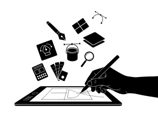 Wall Mural - Vector art of graphic design tools and digital art creation with tablet and stylus