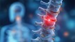 © wilson - Vibrant red pain illustration along the spine with tinted skin showing vertebrae details on dark blue background, close-up medical concept for low back pain education
