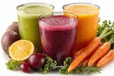 Colorful selection of fresh vegetable and fruit juices at a healthy cafe in the afternoon