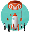 © ImageFlow - Rocket surrounded by business people and arrows aiming at a large target on turquoise background, symbolizing startup strategy and goal achievement